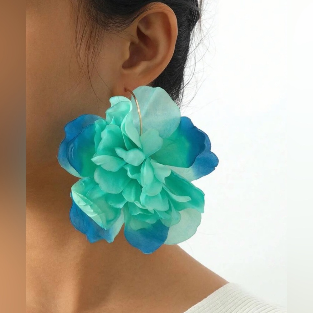 2/$30🌵 Mint & Blue Flower Earrings Zara Statement Jumbo Garden Floral Hoop NEW